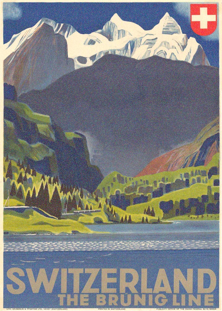 RPW Roystone Print Works Vintage Travel Switzerland 'The Brunig Line', Circa. 1930's, Reproduction 250gsm Gloss A4 & A3 Vintage Art Deco Travel Poster wall art poster – printed in Yorkshire