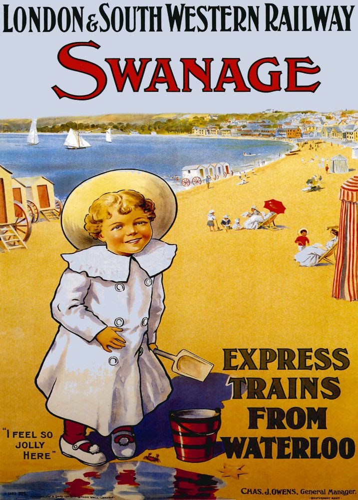 RPW Roystone Print Works Vintage Travel England 'Swanage, Dorset, Express Trains from Waterloo', Circa. 1900's, Reproduction 250gsm Gloss A4 & A3 Vintage Travel Poster wall art poster – printed in Yorkshire