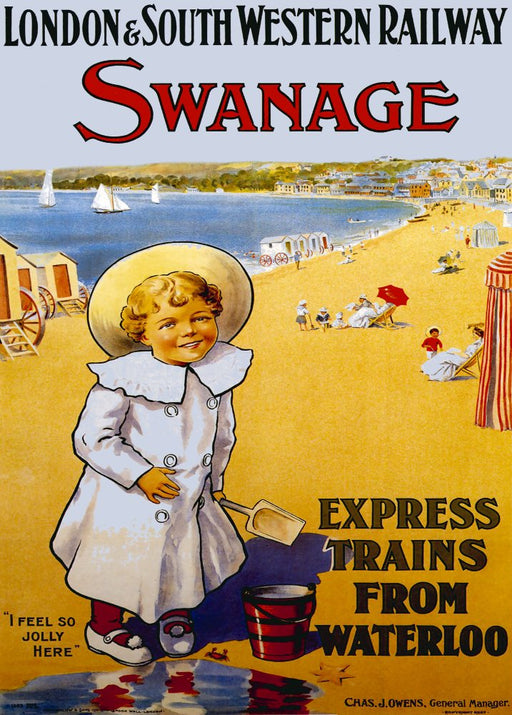 RPW Roystone Print Works Vintage Travel England 'Swanage, Dorset, Express Trains from Waterloo', Circa. 1900's, Reproduction 250gsm Gloss A4 & A3 Vintage Travel Poster wall art poster – printed in Yorkshire