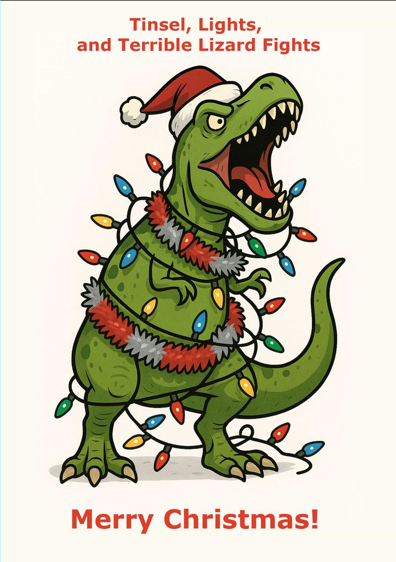 Funny T-Rex Personalised Christmas Card “Tinsel, Lights, and Terrible Lizard Fights” Humorous Dinosaur Xmas for Him or Her wall art poster – printed in Yorkshire
