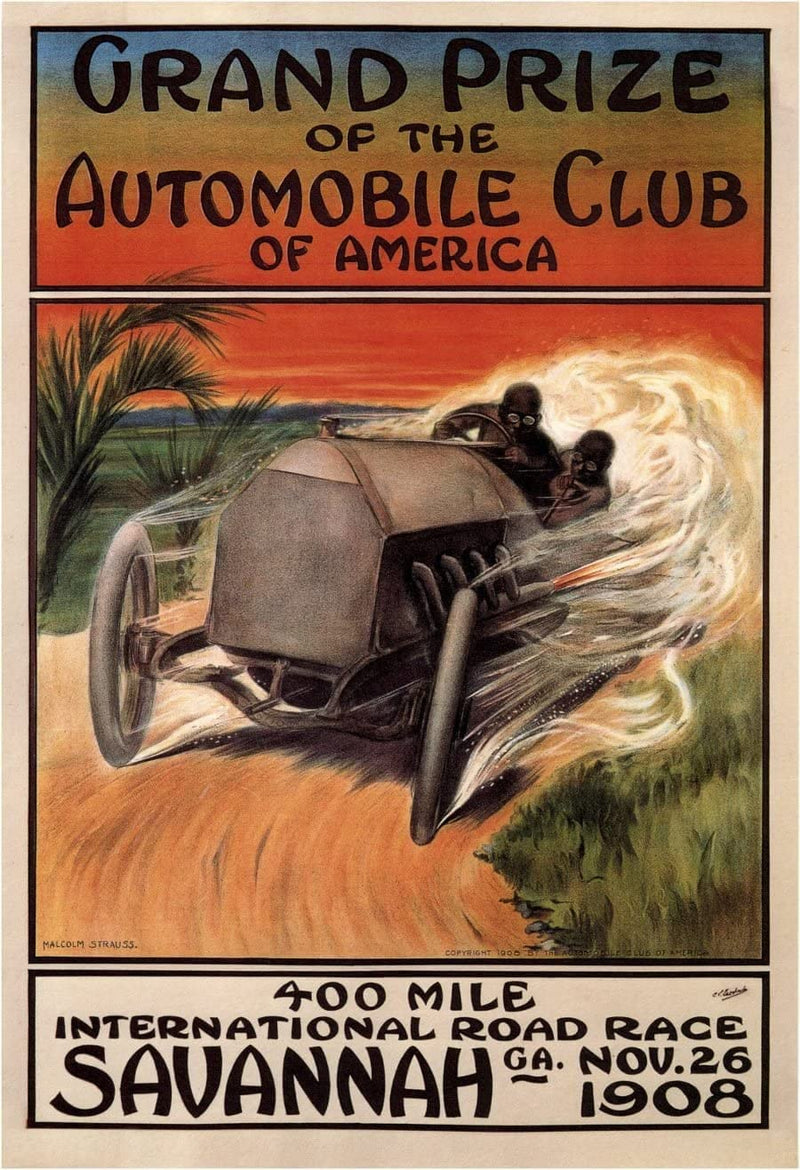 RPW Roystone Print Works Vintage Automobile 'Savannah Four-Hundred Mile International Race', U.S.A, 1908, Reproduction 250gsm A4 & A3 Vintage Automobile Poster wall art poster – printed in Yorkshire