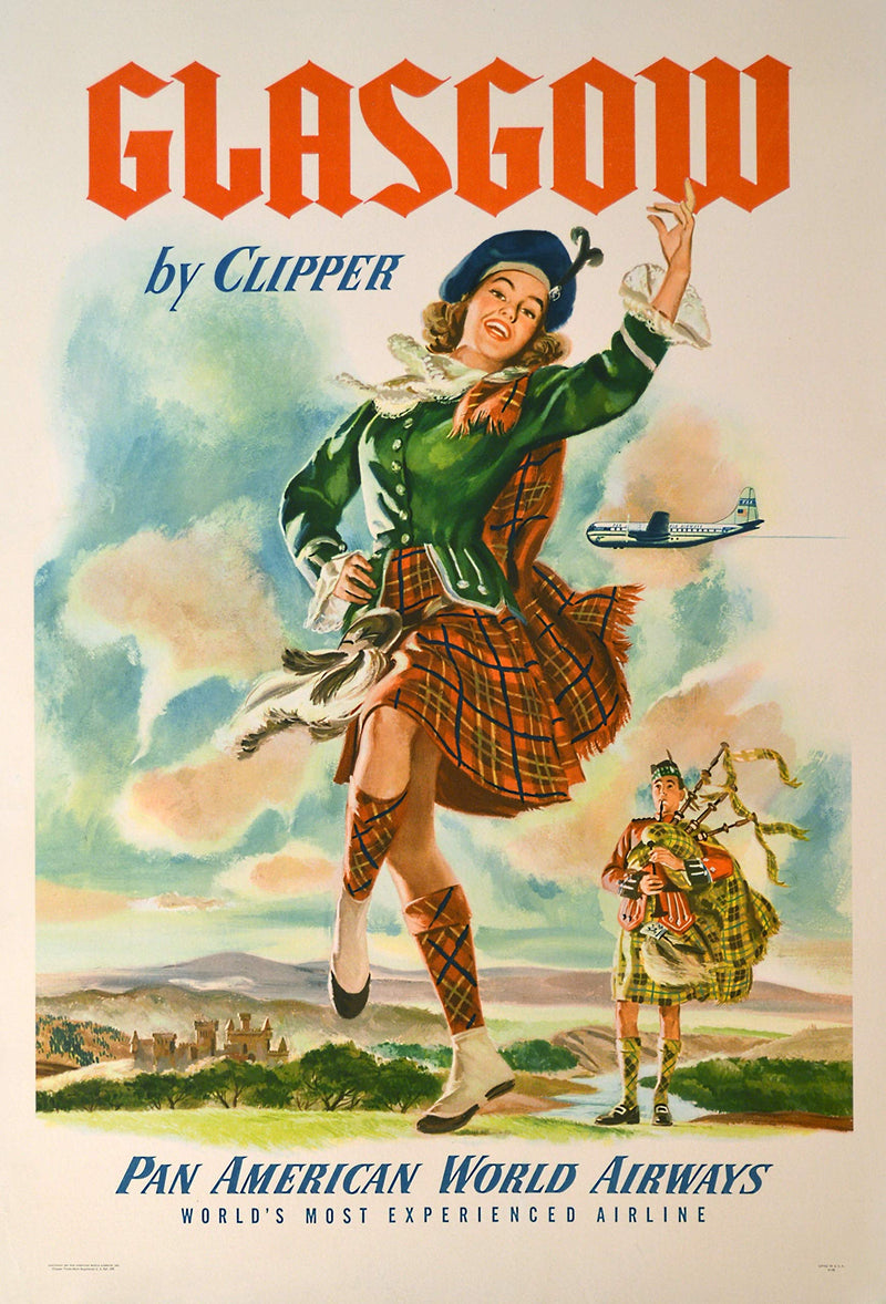 RPW Roystone Print Works Classic Vintage travel poster Scotland Glasgow by Clipper Pan American Airlines Wall Art Poster A3 & A4 wall art poster – printed in Yorkshire