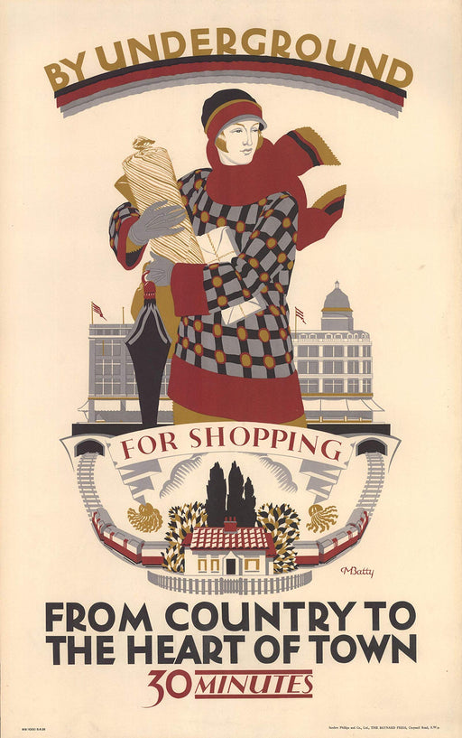 RPW Vintage A3 Travel Poster Advert 1920's For Shopping From the country to the heart of town Underground Art Deco wall art poster – printed in Yorkshire