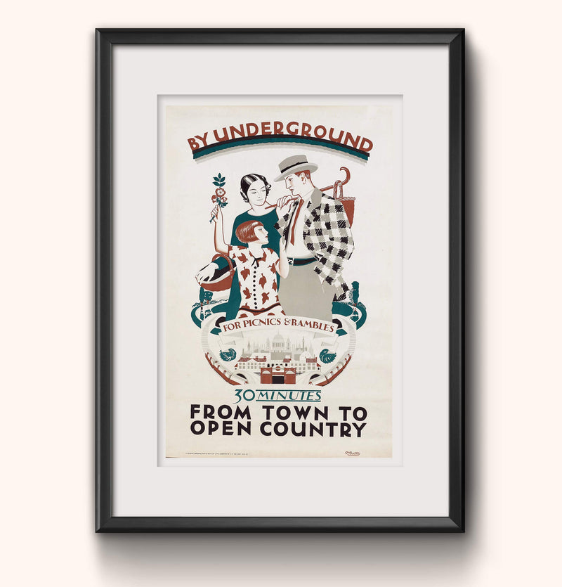 RPW Vintage Railway Travel Poster Advert By Underground 30 minutes from town to country wall art poster – printed in Yorkshire