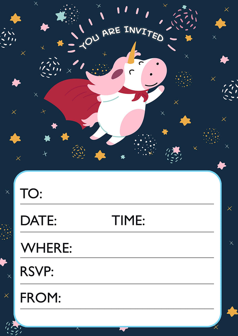Roystone Print Works 20 x Super unicorn Boys Girls Birthday party invitations invites fun wall art poster – printed in Yorkshire