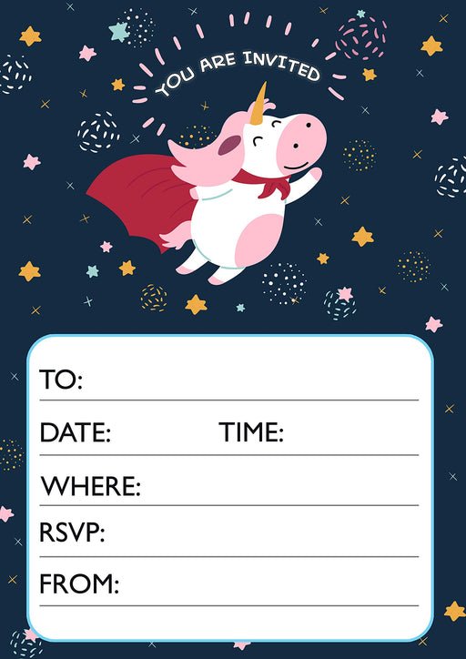 Roystone Print Works 20 x Super unicorn Boys Girls Birthday party invitations invites fun wall art poster – printed in Yorkshire