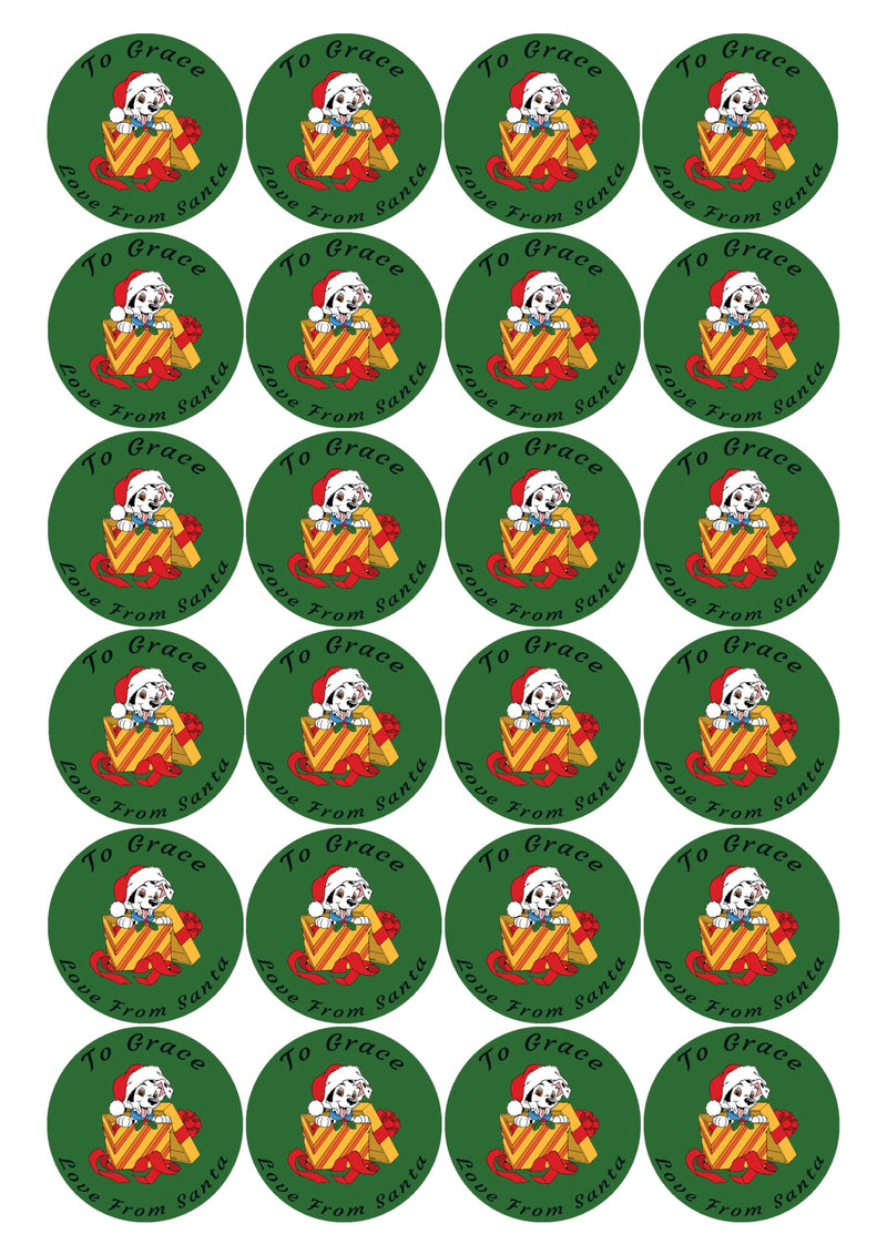 Personalised Christmas Stickers, 24 Pack, 45mm Round Labels, Dalmation Dog Design wall art poster – printed in Yorkshire