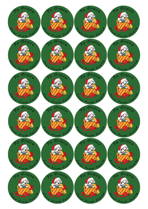 Personalised Christmas Stickers, 24 Pack, 45mm Round Labels, Dalmation Dog Design wall art poster – printed in Yorkshire
