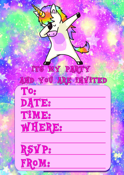 Roystone Print Works 20 x Dabbing Unicorn Girls Birthday party invitations invites fun wall art poster – printed in Yorkshire