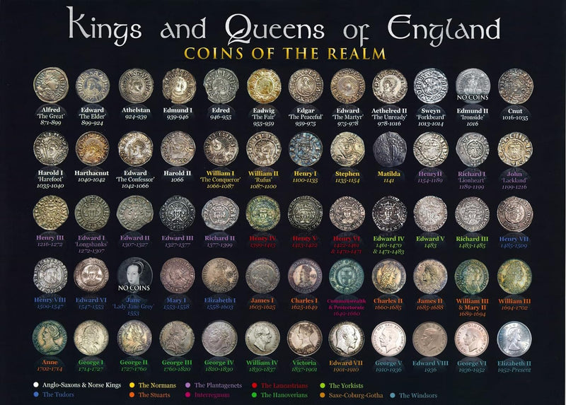 Kings and Queens of England Coins of the Realm Educational Poster Wall Art Print A4 / A3 wall art poster – printed in Yorkshire