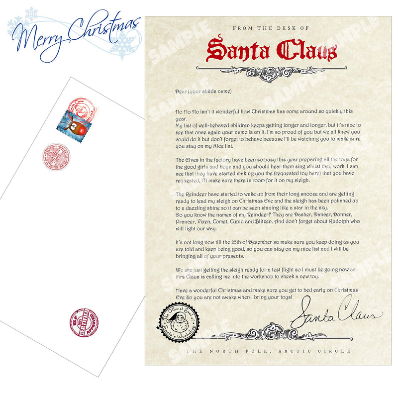 Personalised A4 Childrens Christmas Letter from Santa on Textured Parchment Paper inc Envelope wall art poster – printed in Yorkshire