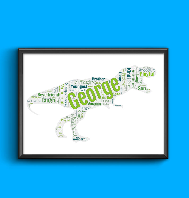Boys Girls Dinosaur T-Rex Word Art personalised with up to 25 words of your choice, any words any colour A4/A3 size print Framed/Unframed wall art poster – printed in Yorkshire