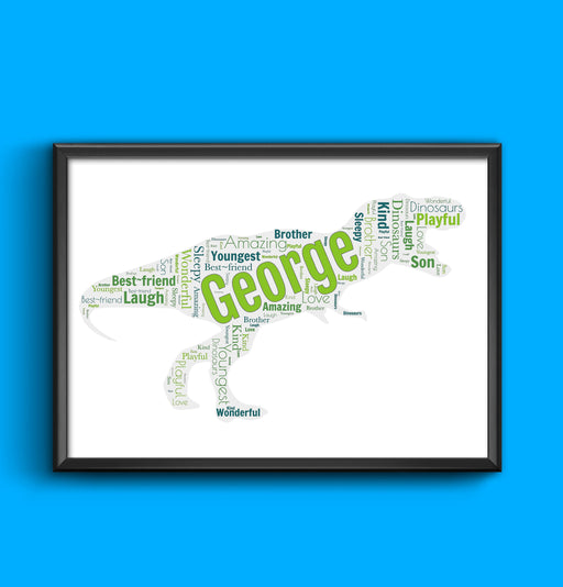 Boys Girls Dinosaur T-Rex Word Art personalised with up to 25 words of your choice, any words any colour A4/A3 size print Framed/Unframed wall art poster – printed in Yorkshire