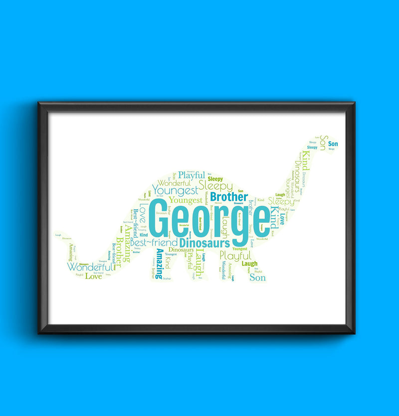 Boys Girls Dinosaur Dinosaur Word Art personalised with any words of your choice, any words any colour A4/A3 size print Framed/Unframed wall art poster – printed in Yorkshire