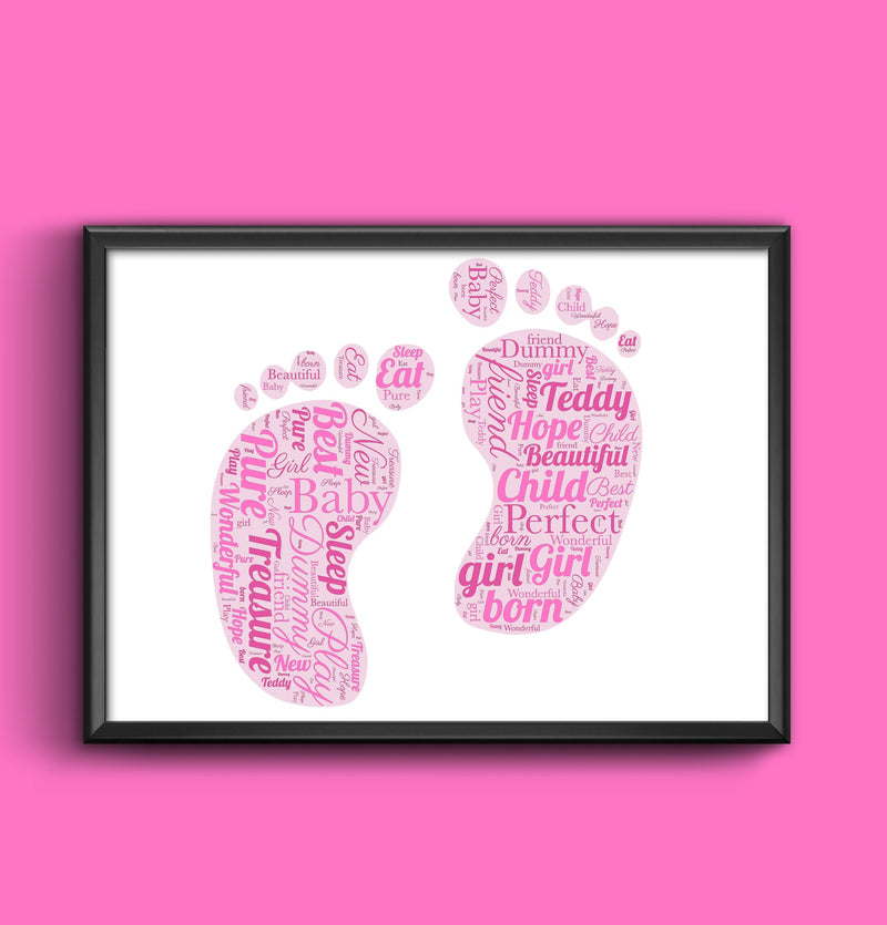 Boys Girls Baby Feet Christening Word Art personalised with any words of your choice, any words any colour A4/A3 size print Framed/Unframed wall art poster – printed in Yorkshire