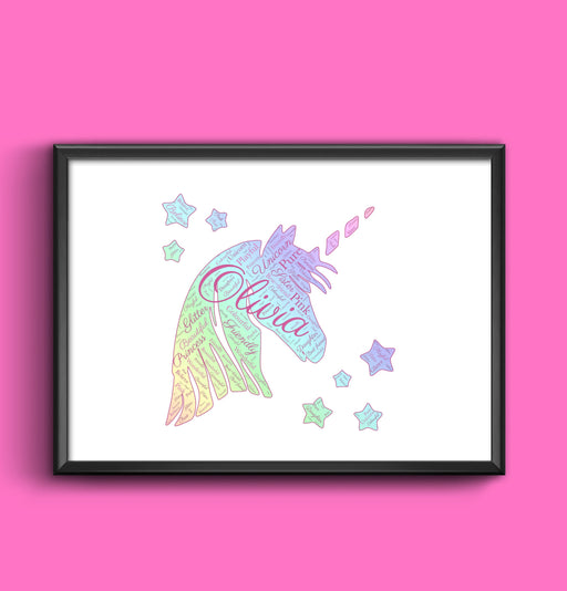 Rainbow Unicorn Word Art personalised with any words of your choice, any words any colour A4/A3 size print Framed/Unframed wall art poster – printed in Yorkshire