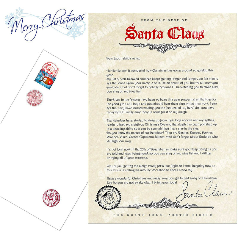 Childrens christmas Letter from santa complete with envelope, personalised with name and toy printed on parchment style paper