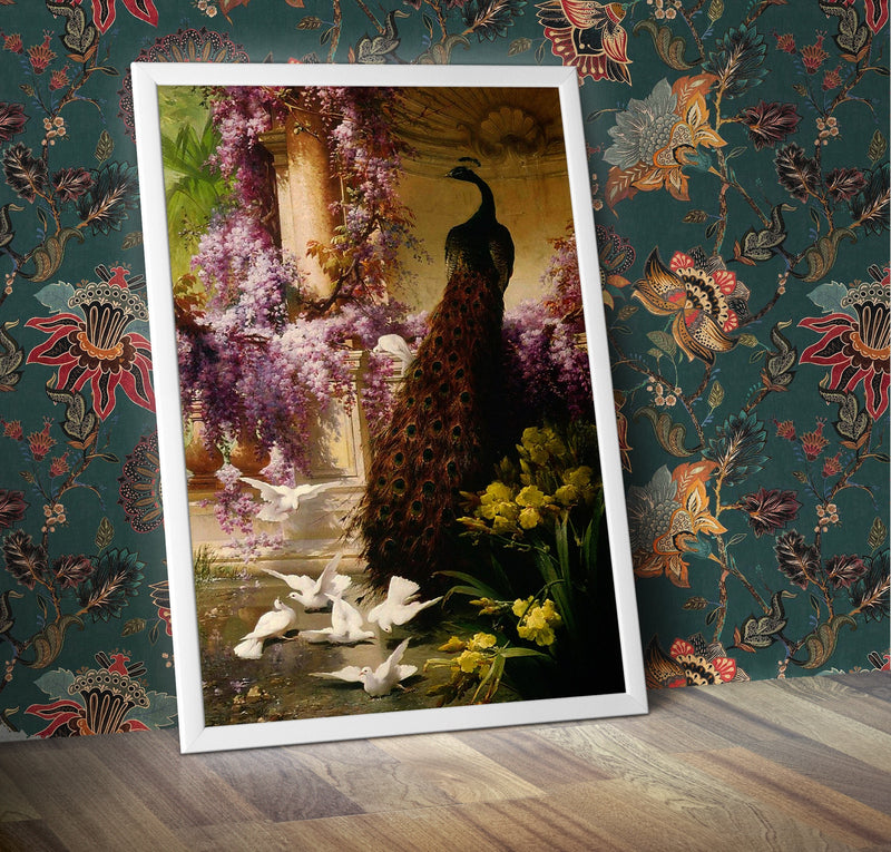 A Peacock and Doves in a Garden Eugene Bidau 1888 Wall Art Poster Various Sizes Sign print Framed or Unframed wall art poster – printed in Yorkshire