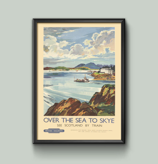 Vintage Over the Sea to Skye Scotland by train Railway British Travel Poster Wall Art Railway A4 and A3 size print Framed or Unframed wall art poster – printed in Yorkshire