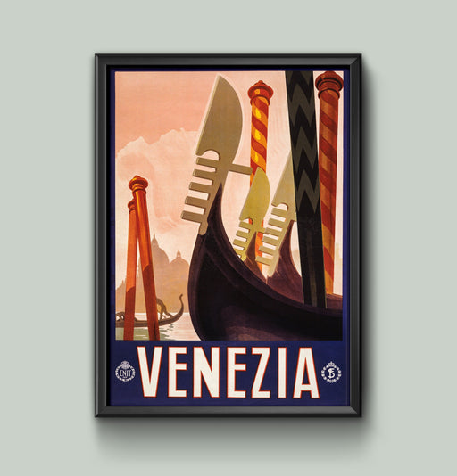 Vintage Italian Venezia Venice Gondola Italy Travel Poster Wall Art Railway A4 and A3 size print Framed or Unframed wall art poster – printed in Yorkshire