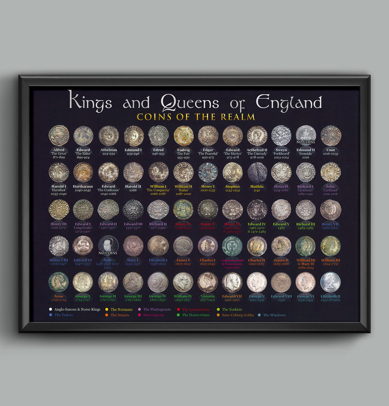 Kings and Queens of England Coins Educational Alfred to Elizabeth 2nd Wall Art Poster Print A4 and A3 size print Framed or Unframed wall art poster – printed in Yorkshire