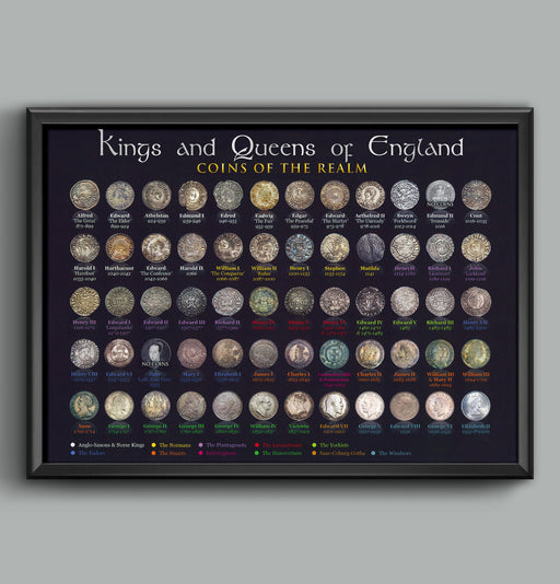 Kings and Queens of England Coins Educational Alfred to Elizabeth 2nd Wall Art Poster Print A4 and A3 size print Framed or Unframed wall art poster – printed in Yorkshire