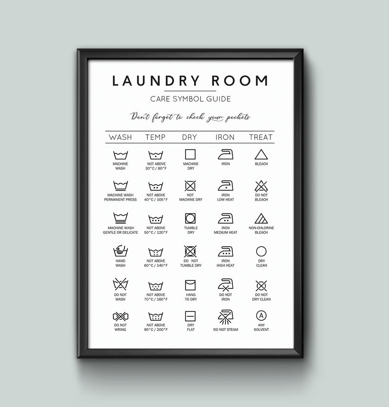 Laundry Symbols Wall Art Home Decor insperational Guide Poster various sizes Sign print Framed or Unframed ideal for students or New home wall art poster – printed in Yorkshire