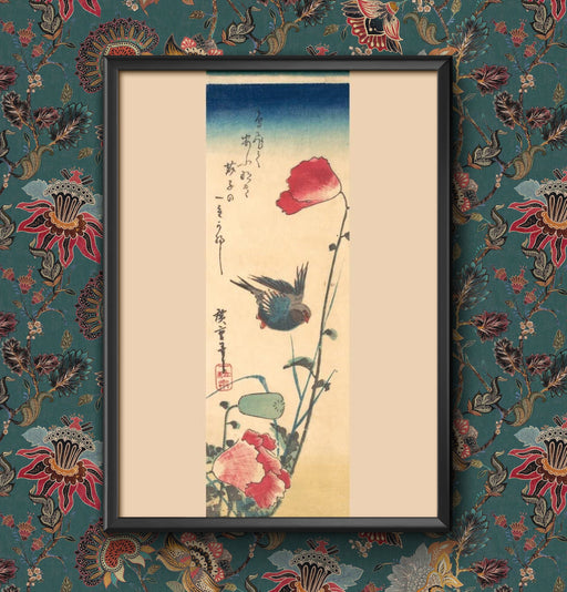 Vintage Hiroshige 'Bluebird and Flowering Poppies', Japan, 19th Century Reproduction Wall Art Poster Various Sizes print Framed or Unframed wall art poster – printed in Yorkshire
