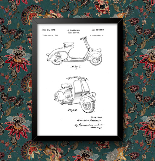 Vespa Piagio 1947 patent Motorcycle Bike Wall Art Home Decor Poster A5/A4/A3/A2 size Sign print Framed or Unframed wall art poster – printed in Yorkshire