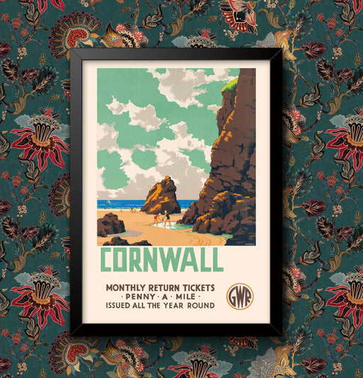 Vintage Cornwall Beach Wall Art Travel Railway Poster GWR Various sizes Sign print Framed or Unframed wall art poster – printed in Yorkshire