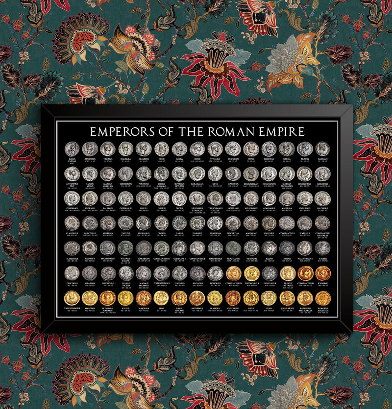 Poster of Roman Emperors Coins with Reign Dates and busts | Educational Wall Art Print | Various Sizes | Framed Unframed | Metal detecting wall art poster – printed in Yorkshire