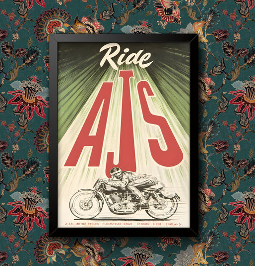 Ride AJS Motor Cycle Bike Advertisement Art Print Framed Poster Wall Decor A4 and A3 size Framed or Unframed wall art poster – printed in Yorkshire