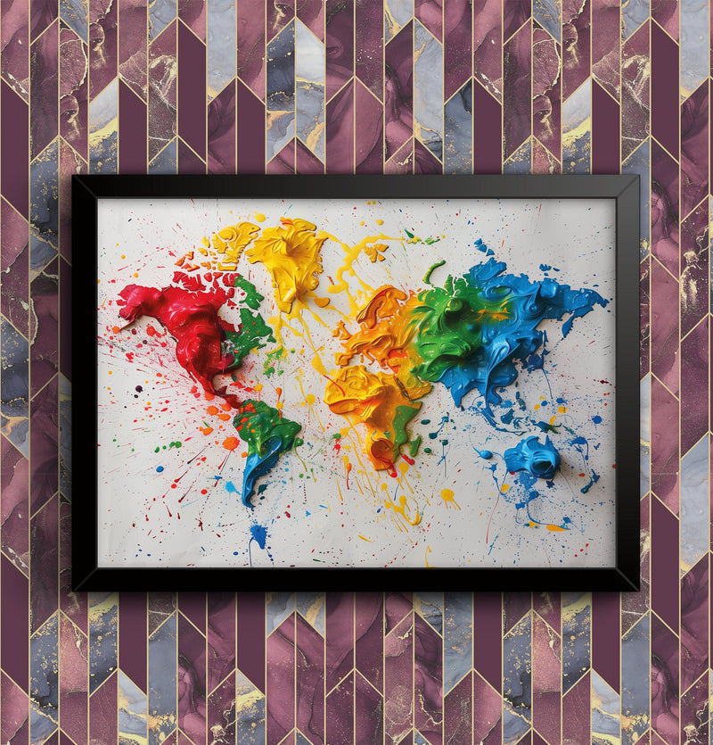 Paint Splatter Splodge World Map Atlas Wall Art Poster Print Art Decor Various Colours and Sizes Framed / Unframed wall art poster – printed in Yorkshire