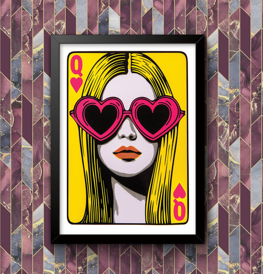 Queen of hearts Blonde woman Yellow and pink Wall Art Poster Print Art Decor Various Colours and Sizes Framed / Unframed wall art poster – printed in Yorkshire