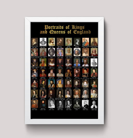 Kings and Queens of England Portraits Educational Alfred to Elizabeth 2nd Wall Art Poster Print Various size print Framed or Unframed wall art poster – printed in Yorkshire