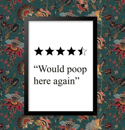 Would Poop Here Again Poster Bathroom Decoration Print Picture Wall Art Toilet Restroom Home Decor Typography rating Framed / Unframed wall art poster – printed in Yorkshire