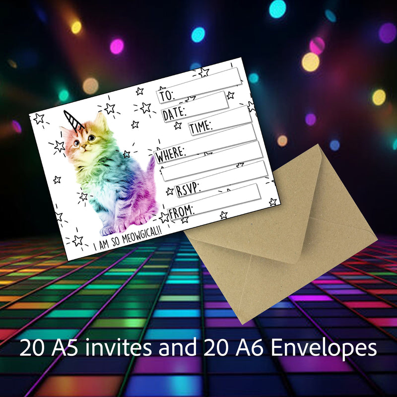 20 x A5 Party invitations Unicorn Kitty Cat and 20 x A6 envelopes ideal for childrens or Cat lovers party