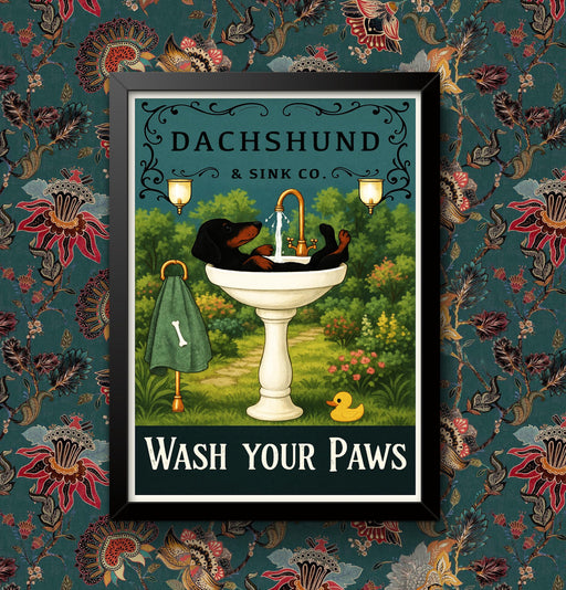 Dachshund Wash Your Paws Poster Bathroom Decoration Print Dog Animal Picture Vintage Wall Art Toilet Restroom Home Decor Framed / Unframed wall art poster – printed in Yorkshire