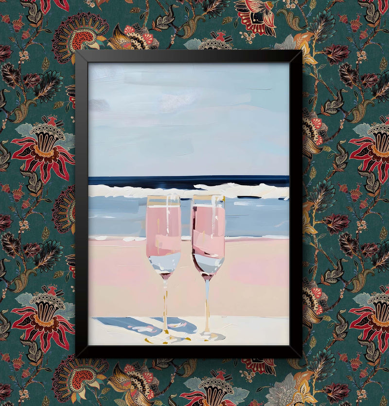 Beach Champagne Painting Art Print: Pink Coastal Wall Decor, Framed or Unframed wall art poster – printed in Yorkshire