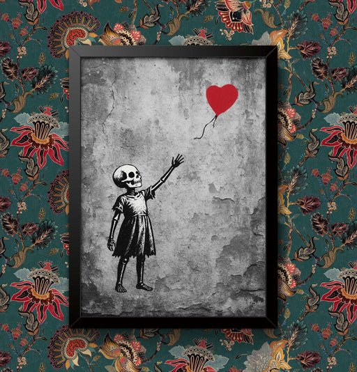 Skellington Girl Heart Balloon Print: Funny Graffiti Art, Vintage Home Decor wall art poster – printed in Yorkshire