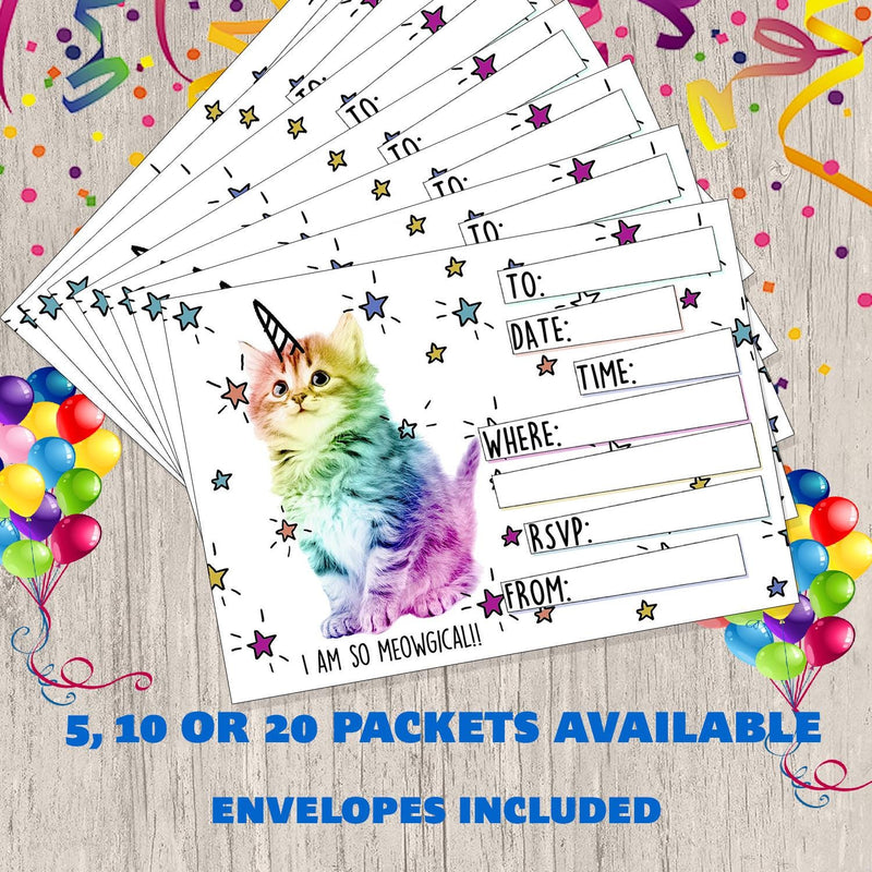 20 x A5 Party invitations Unicorn Kitty Cat and 20 x A6 envelopes ideal for childrens or Cat lovers party