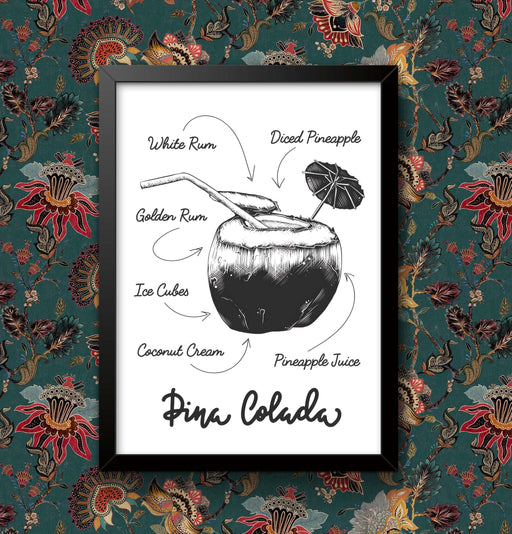 Pina Colada Cocktail Art Print: Black and White Framed Poster wall art poster – printed in Yorkshire