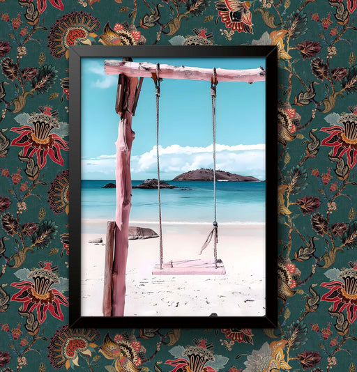 Pink Beach Swing Art Print: Coastal Wall Decor, Framed or Unframed wall art poster – printed in Yorkshire