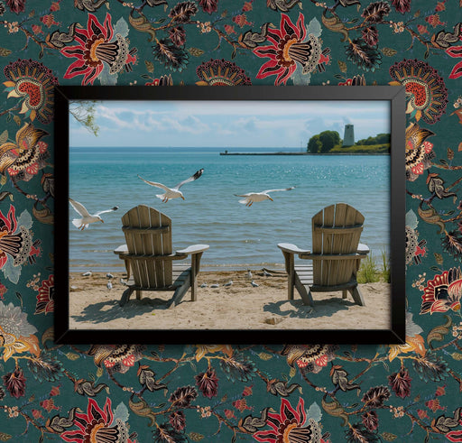 Seagulls and Sunbeds Beach Art Print: Coastal Wall Decor, Framed or Unframed wall art poster – printed in Yorkshire