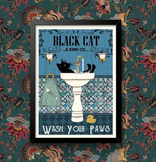 Black Cat Wash Your Paws Poster Bathroom Decoration Print Animal Picture Vintage Wall Art Toilet Restroom Home Decor A4/A3 Framed / Unframed wall art poster – printed in Yorkshire