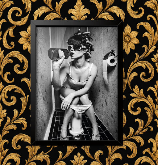 Girl on toilet drinking funny Wall Art Poster Home Decor Sign print Various sizes Framed or Unframed ideal for students or children wall art poster – printed in Yorkshire