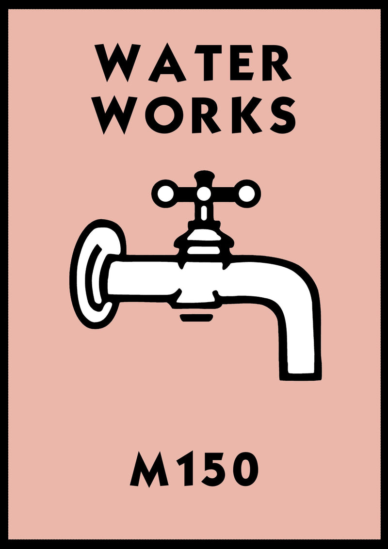 Monopoly Water Works Poster available in  Various Sizes and colours Framed Unframed Wall Art Deco Minimalist Home Decor House Gift Idea
