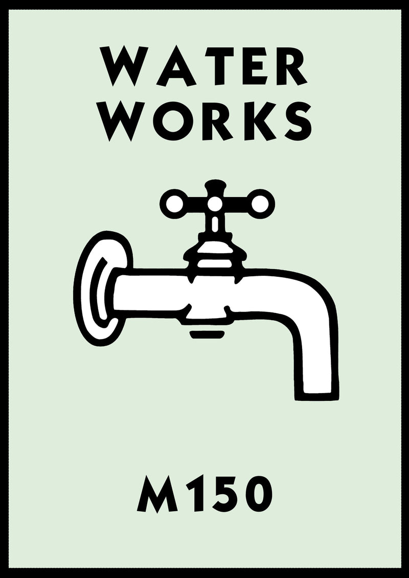 Monopoly Water Works Poster available in  Various Sizes and colours Framed Unframed Wall Art Deco Minimalist Home Decor House Gift Idea