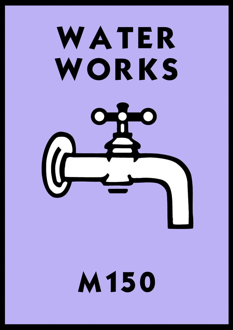 Monopoly Water Works Poster available in  Various Sizes and colours Framed Unframed Wall Art Deco Minimalist Home Decor House Gift Idea