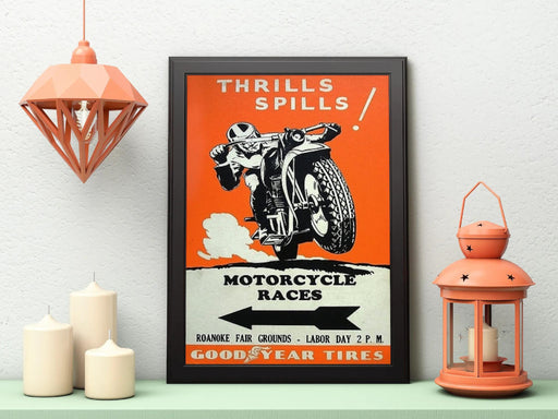 Vintage Motorbikes Thrills and Spills at The Motorcycle Races USA 1950s Art Home Deco Poster Sign print Framed or Unframed wall art poster – printed in Yorkshire
